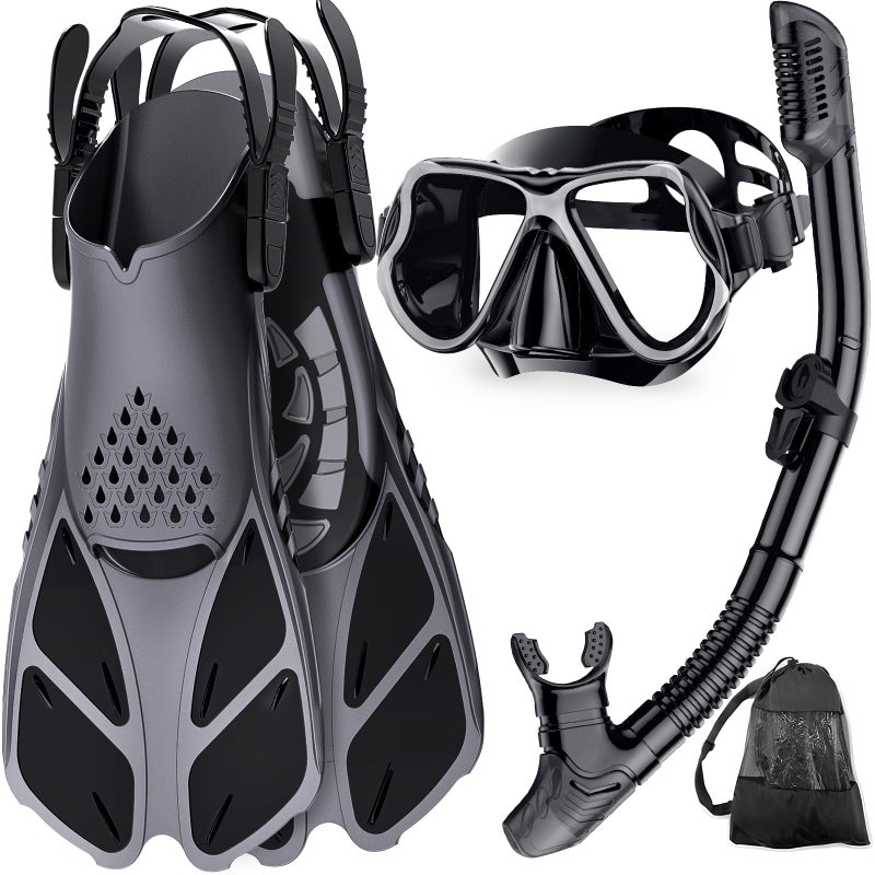 Zenoplige Mask Fins Snorkel Set, Snorkeling Gear for Adults, Panoramic View Snorkel Mask Anti-Fog, Adjustable Dive Flippers, Dry Top Snorkel and Travel Bag, Scuba Gear for Swimming Snorkeling Diving - Image 1